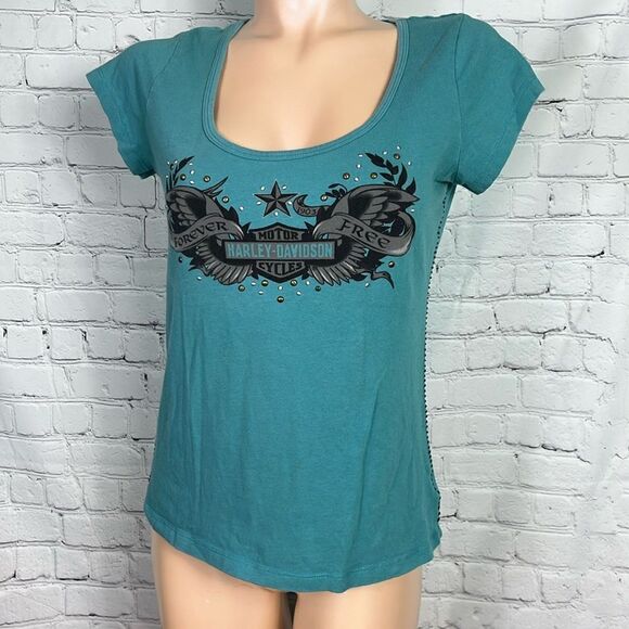 Harley-Davidson Teal Short Sleeve Scoop Neck Grommet Graphic Tee Size Medium - Picture 1 of 6